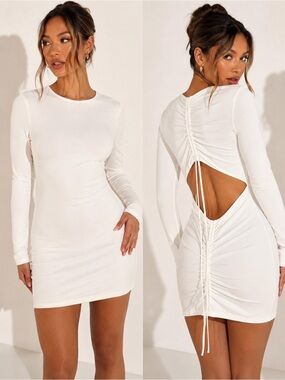Showpo White Open Back Ruched Mini Dress Size US 6 AU 10